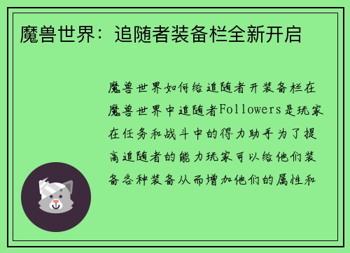魔兽世界：追随者装备栏全新开启