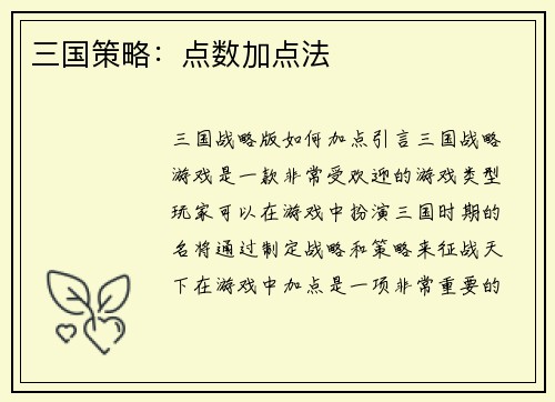 三国策略：点数加点法