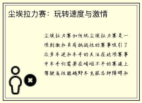 尘埃拉力赛：玩转速度与激情